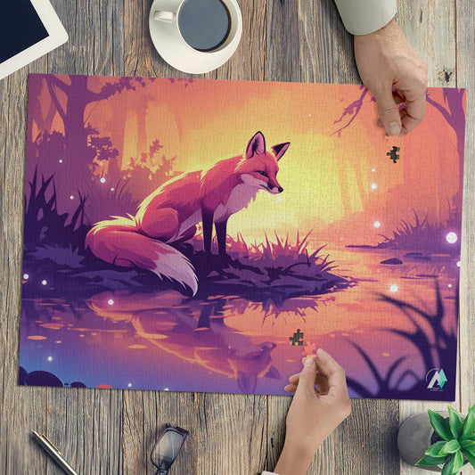 Fall'n for Foxes II Puzzle features a fox sitting by a river. Available in 500 or 1000 pieces, crafted from premium ivory cardboard.