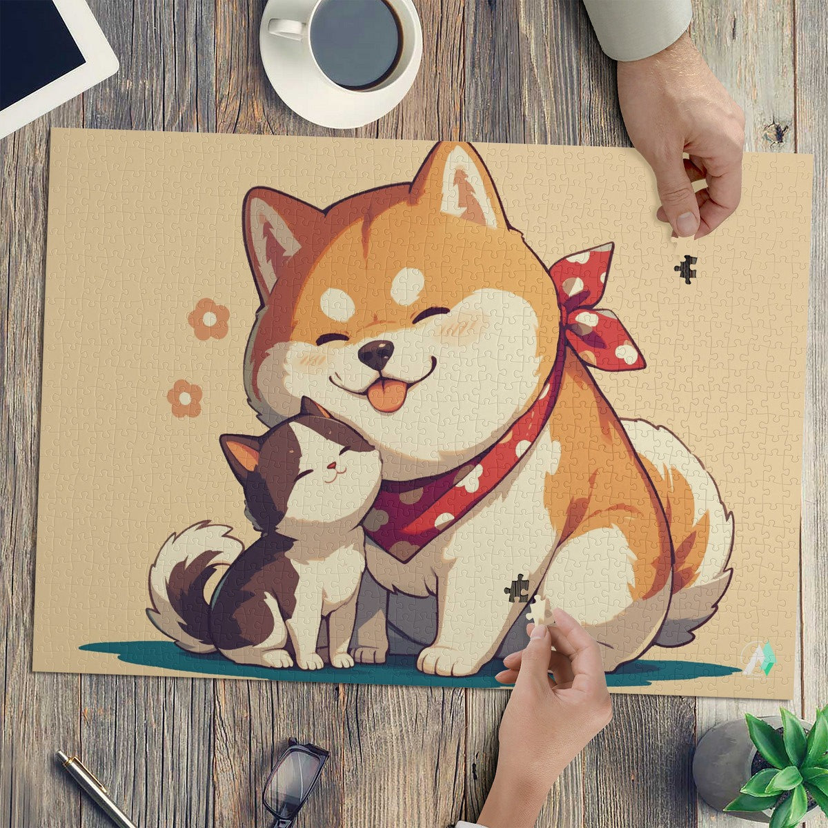 Chibi Shiba II Puzzle featuring a whimsical dog and cat illustration, available in 500 or 1000 pieces, crafted from premium ivory cardboard.
