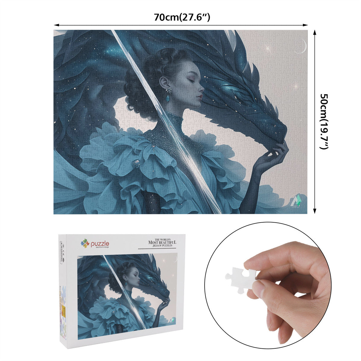 Wyvern Wyre I Puzzle: A jigsaw depicting a woman with a sword and dragon, available in 500 and 1000 pieces, featuring art by @shinjoku13.