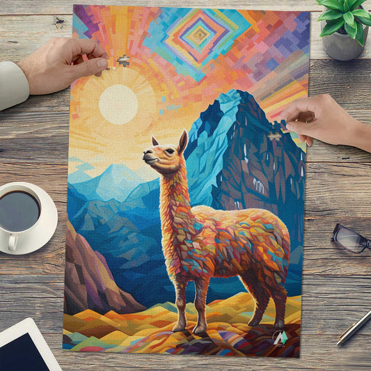 Llama on the Mountaintop Puzzle featuring a llama artwork, available in 500 and 1000 pieces, crafted from premium ivory cardboard.
