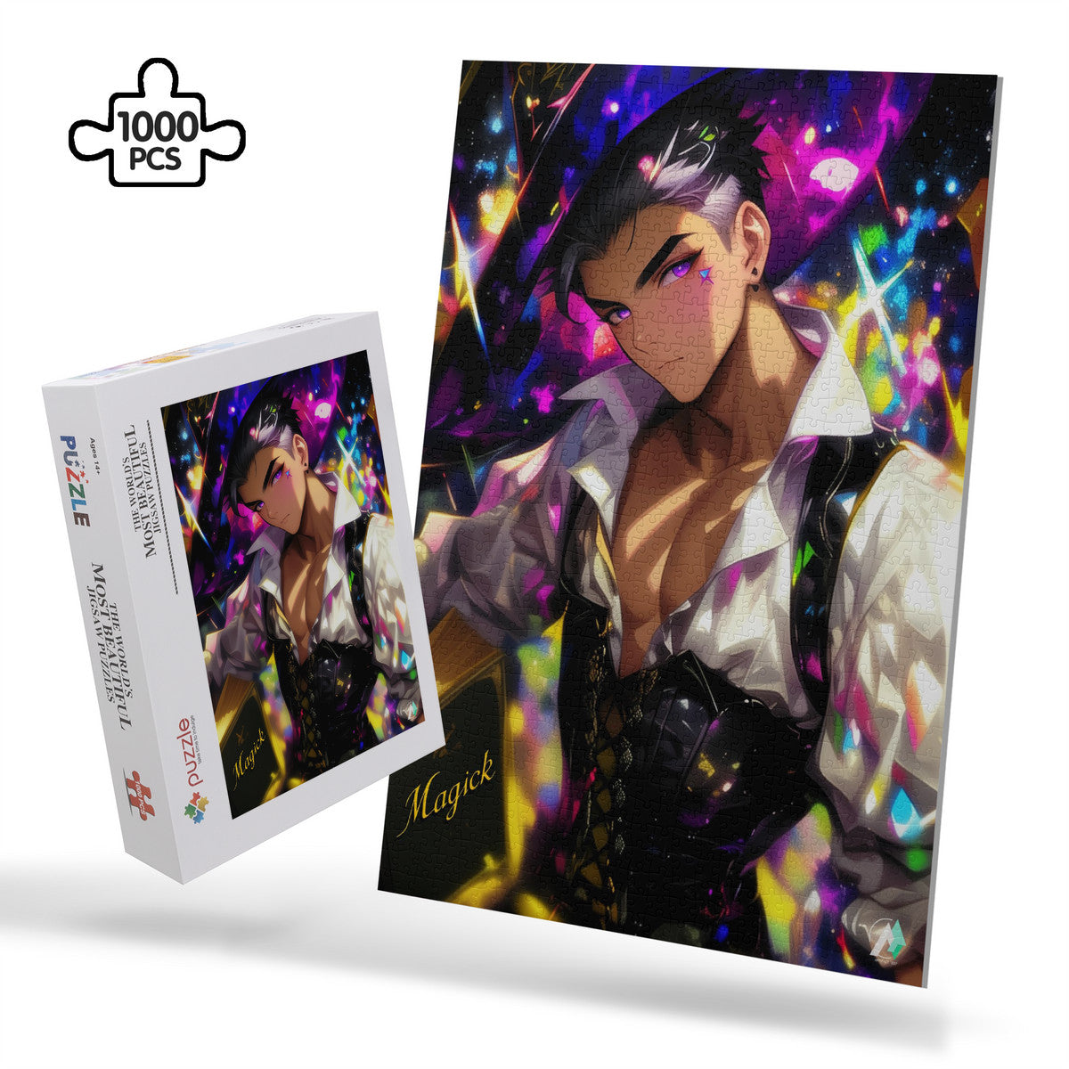 Magus Magicka I Puzzle features a cartoon man in a purple hat with a book, designed by @drewsidious, available in 500 and 1000 pieces.