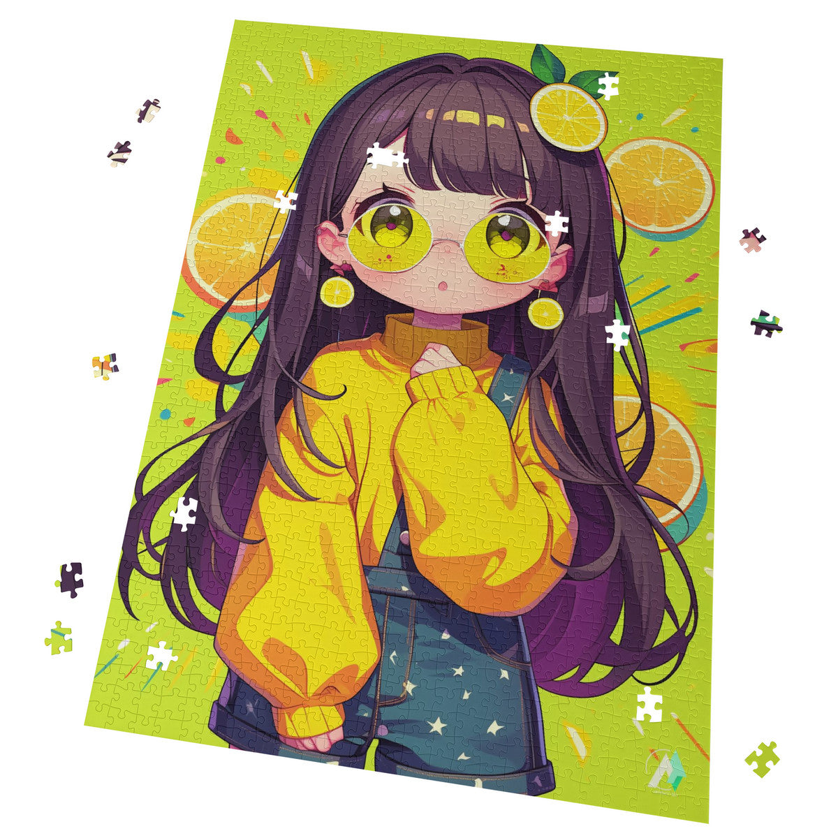 Chibi Limona Puzzle featuring a cartoon girl with yellow glasses and overalls and lemons, available in 500 and 1000 pieces, crafted from premium ivory cardboard.