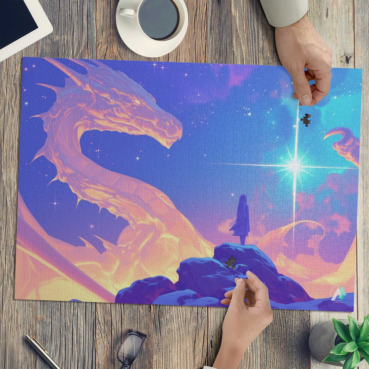 Supernal Gift Puzzle: A 500 or 1000-piece jigsaw featuring a girl on a rock with a dragon and star, crafted on premium ivory cardboard.