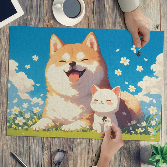 Chibi Shiba I Puzzle featuring a whimsical dog and cat design by artist @shinjoku13, available in 500 and 1000 pieces, crafted from premium ivory cardboard.
