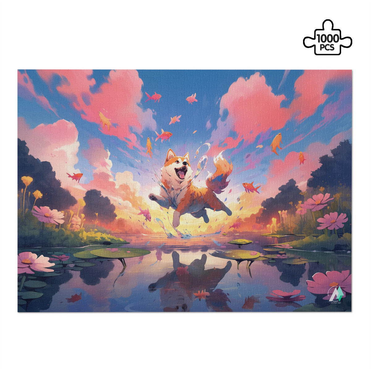 Chibi Shiba VI Puzzle featuring a dog jumping with goldfish in a fantastical scene, available in 500 or 1000 pieces.