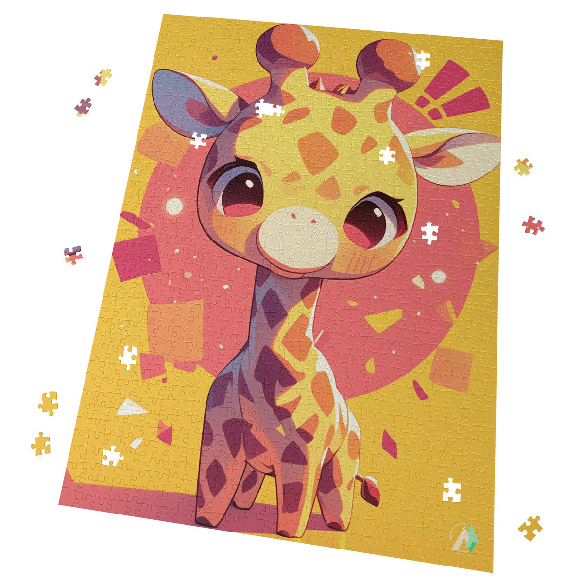Chibi Safari Giraffe Puzzle featuring a whimsical giraffe illustration, available in 500 and 1000 pieces, crafted from premium ivory cardboard with satin finish.