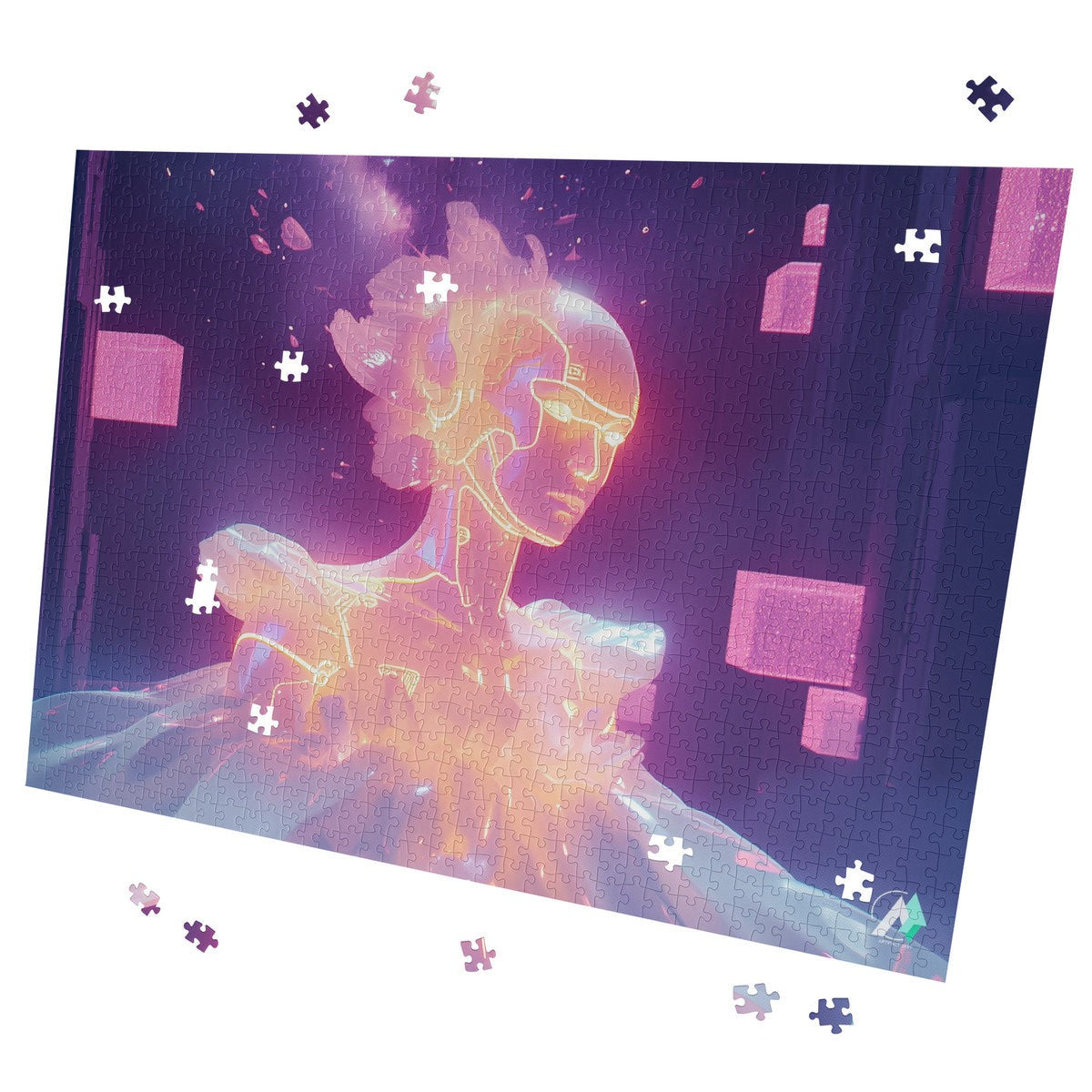 Radiance Infusion Puzzle: a 500 or 1000-piece jigsaw featuring a glowing robot design by artist @shinjoku13, crafted from premium ivory cardboard with a satin finish.