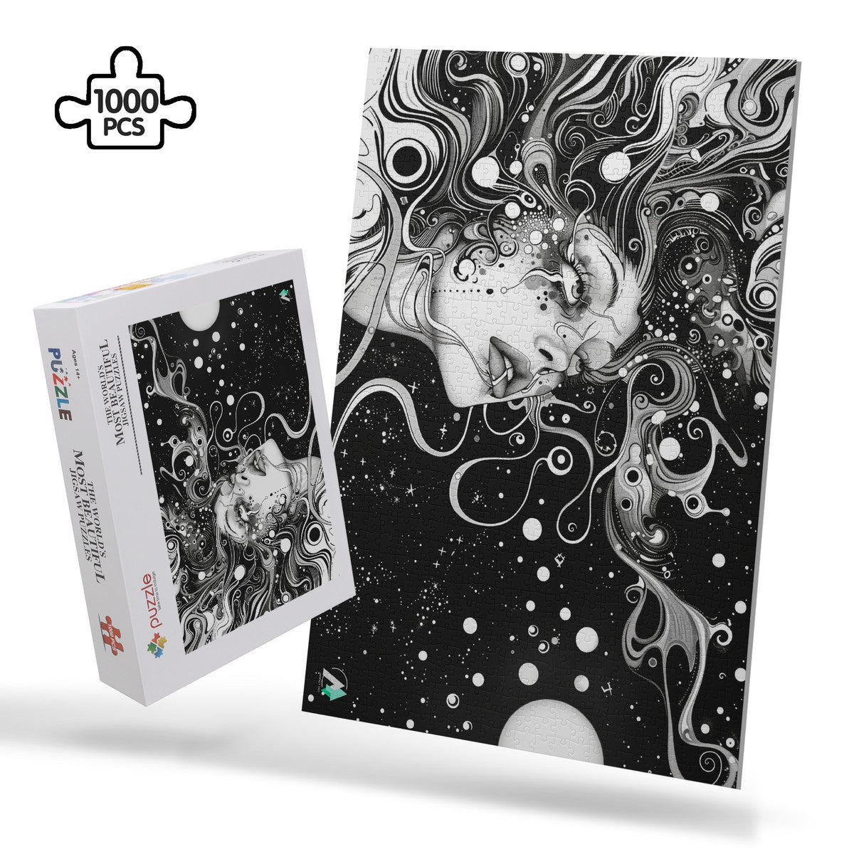 Discernment IV Puzzle features a black and white illustrated woman's face, available in 500 or 1000 pieces, crafted from premium ivory cardboard.