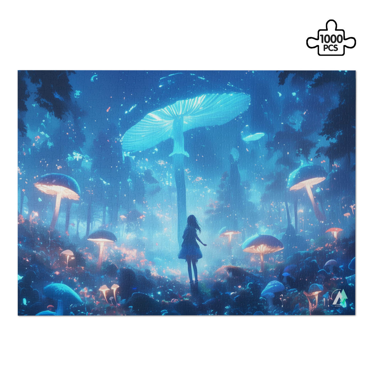 Forest of Magic VII Puzzle: A mystical girl in a mushroom-filled forest, available in 500 or 1000 pieces, featuring premium ivory cardboard with satin finish.