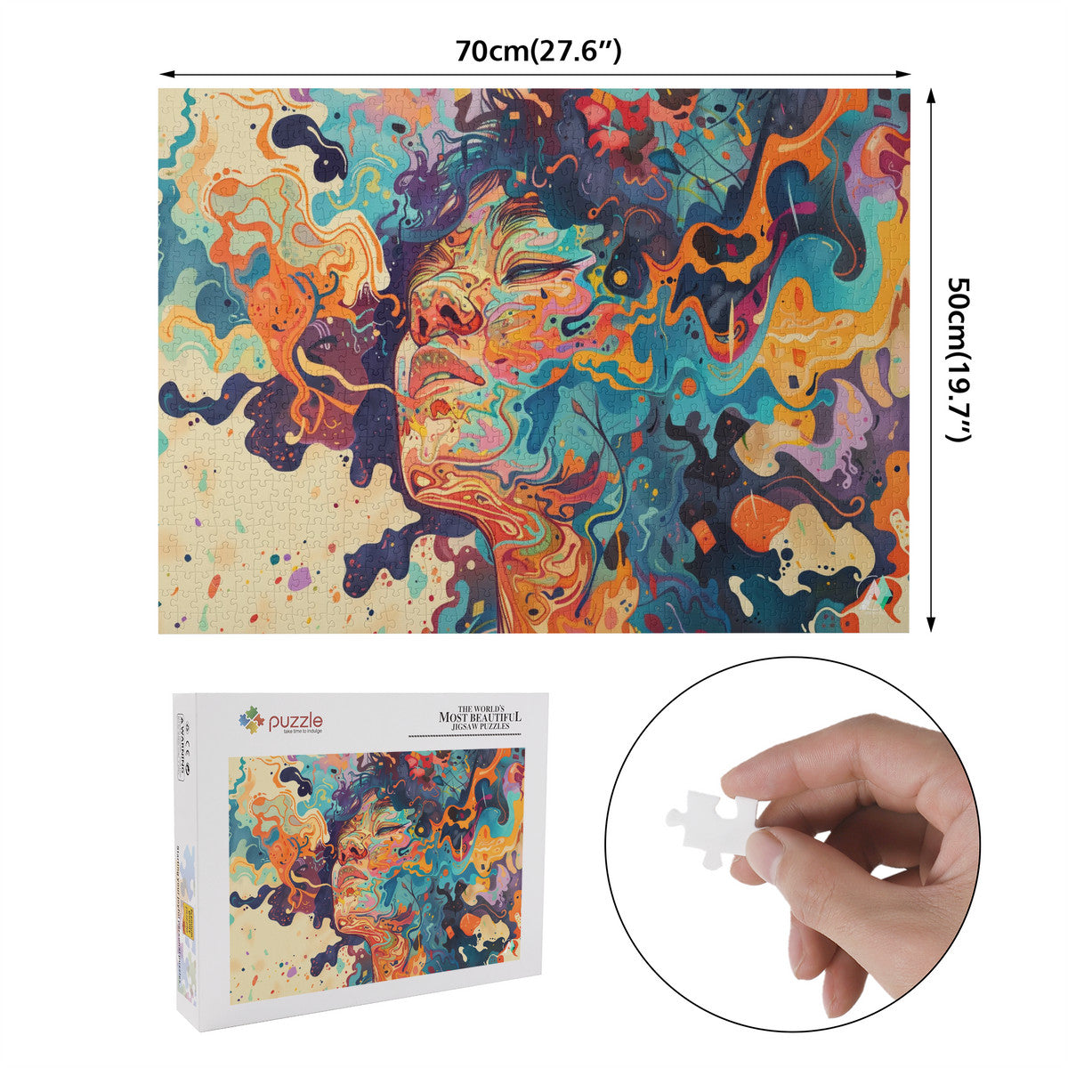 Liquid Trance I Puzzle features a vibrant, modern artwork of a woman's face, available in 500 or 1000 pieces, crafted from premium ivory cardboard.