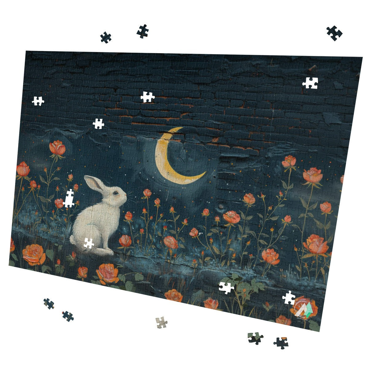 Bunny Meadow Graffiti Puzzle features a rabbit among flowers and a moon, crafted on premium ivory cardboard, available in 500 and 1000 pieces.