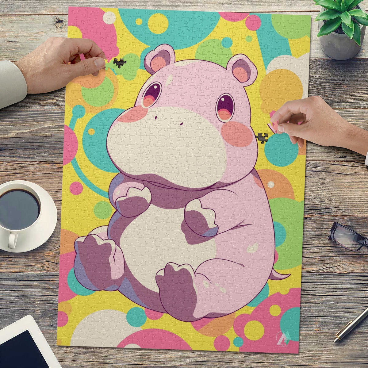 Chibi Safari Hippo Puzzle: Cartoon hippo puzzle by artist @shinjoku13, available in 500 or 1000 pieces, crafted from premium ivory cardboard.