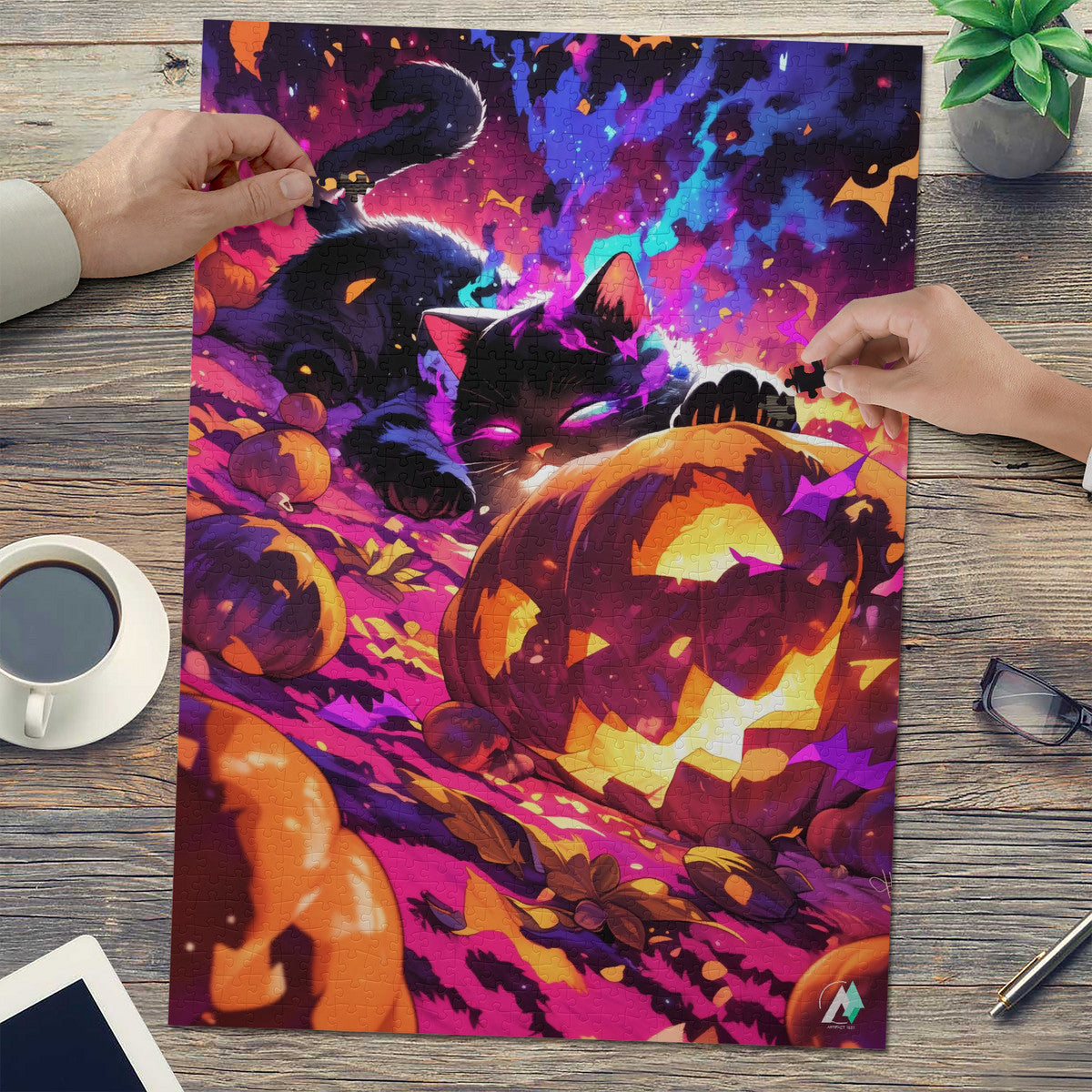 Puzzle featuring a cat and pumpkin, titled Pumpkin Patch Pirate II, available in 500 or 1000 pieces, crafted on premium ivory cardboard.