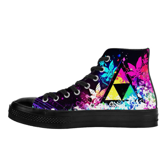 The Hero's Rumination I 🧝♂️🤔 | 1337 High Tops feature graffiti-style canvas, black laces, and a bold three-triangle motif, embodying Artifact1337's unique art haus design.