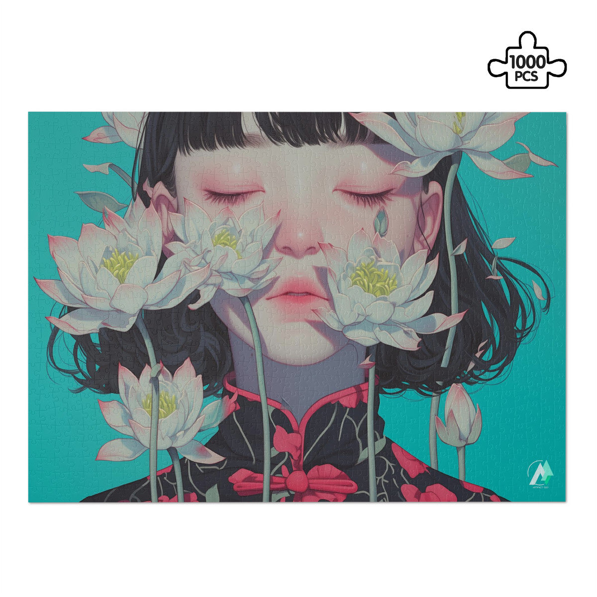 Surreal Feminine I Puzzle featuring a woman with flowers, crafted from premium ivory cardboard, available in 500 and 1000 pieces.