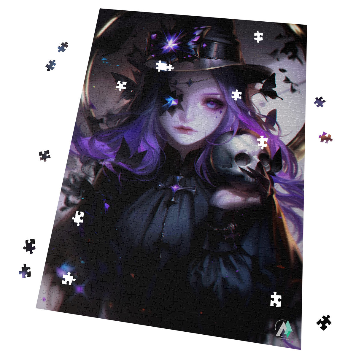 Brona and Friend Puzzle features a woman with purple hair holding a skull, inspired by artistic motifs and crafted from premium ivory cardboard.