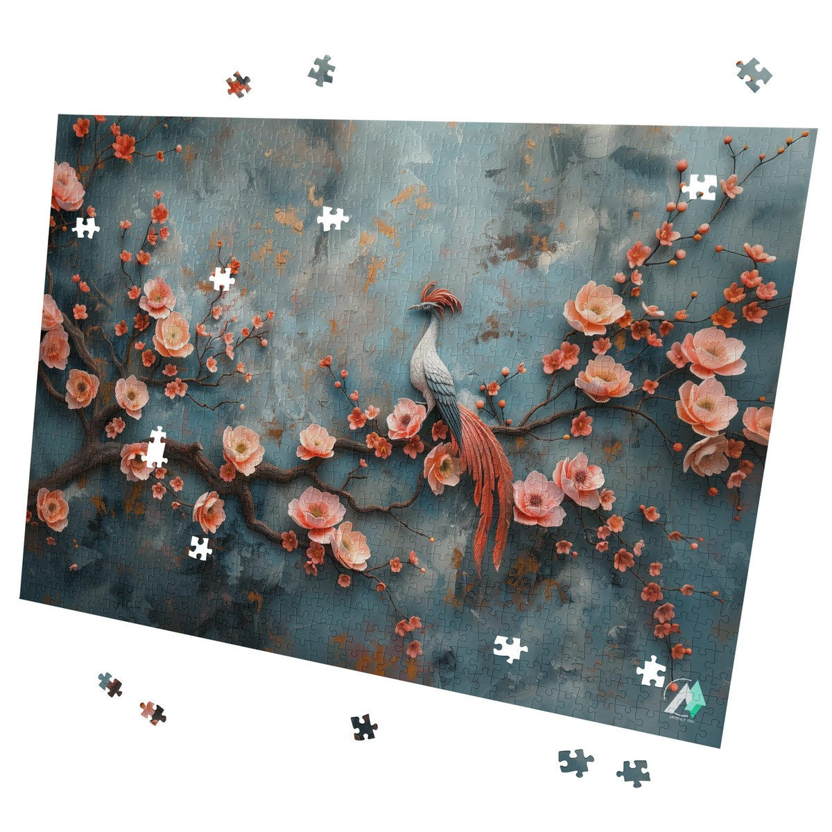 Blossom's Balladeer I Puzzle features a bird perched on a branch surrounded by flowers, available in 500 or 1000 pieces.