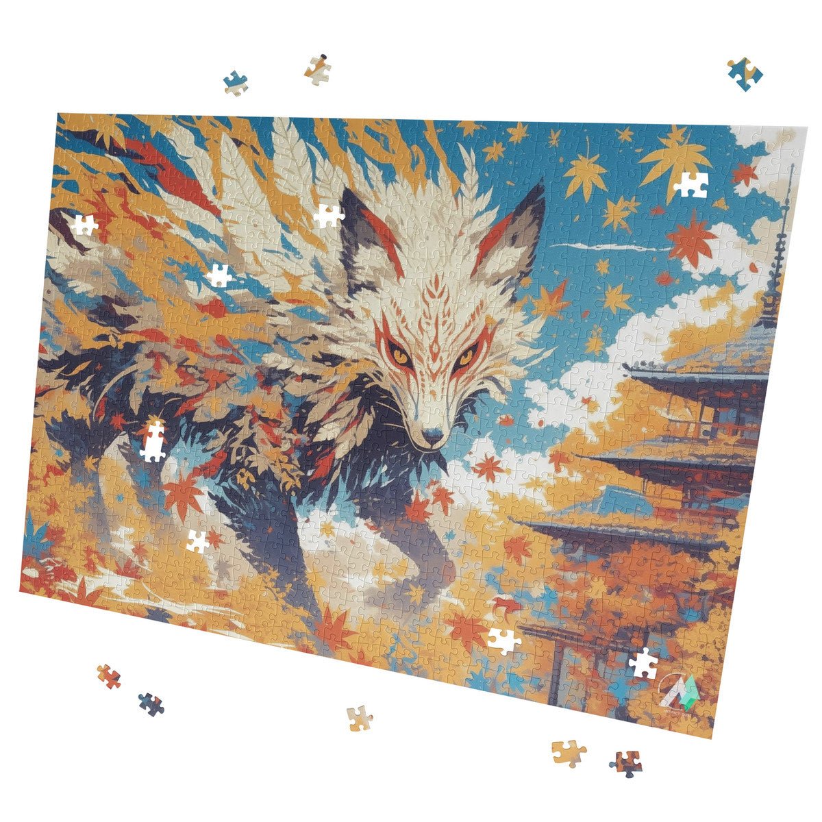 Fall'n for Foxes V Puzzle featuring a fox surrounded by leaves, available in 500 and 1000 pieces, crafted from premium ivory cardboard.