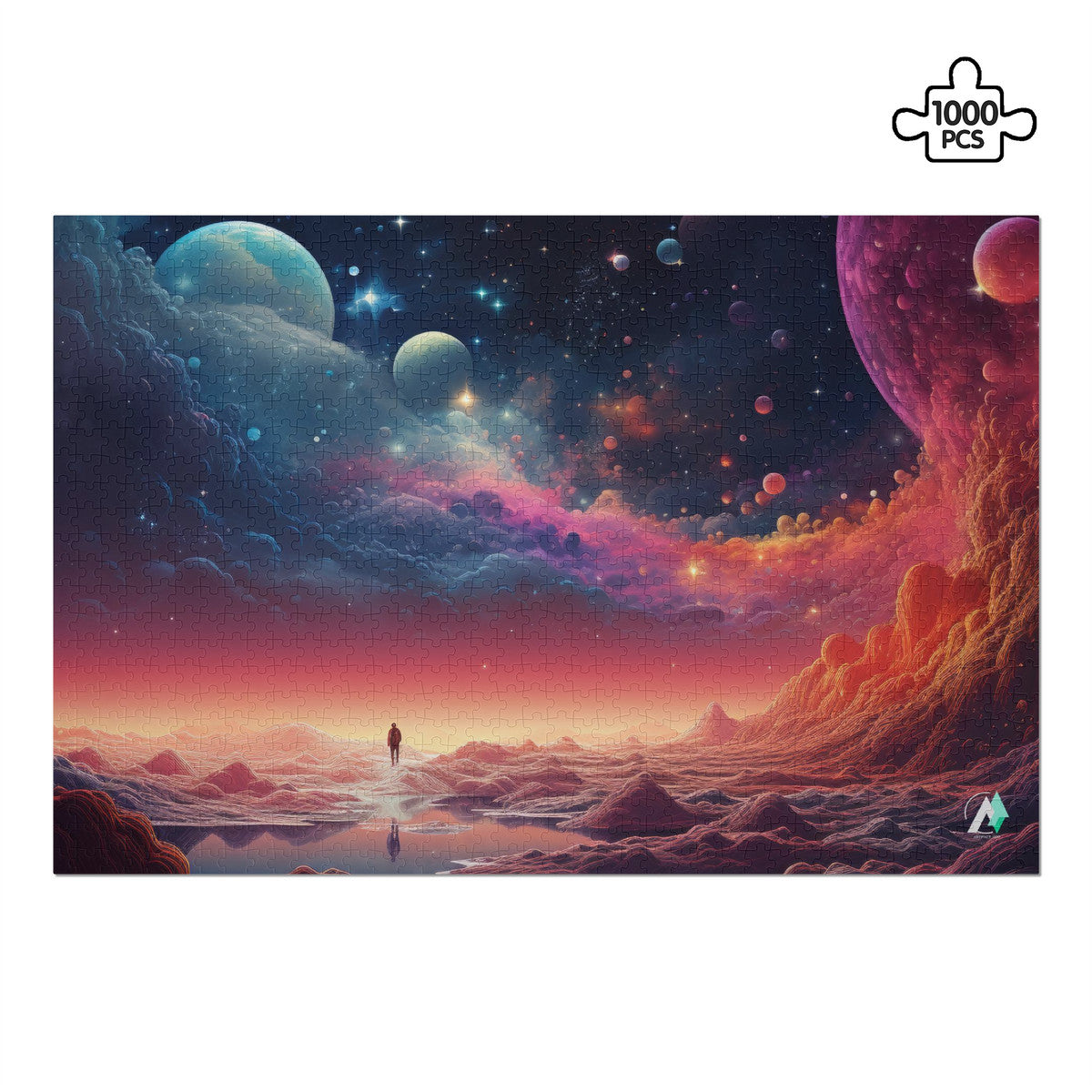 Nanoscape I Puzzle featuring a colorful planetary sci-fi design, available in 500 and 1000 pieces, showcasing artwork by @lyashko.ai.