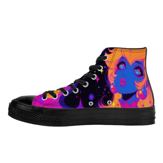 Cosmic Royalty 🌙👑 | 1337 High Tops featuring a retro-psychedelic anime design with a cobalt blue face and vibrant cosmic motifs on black canvas.