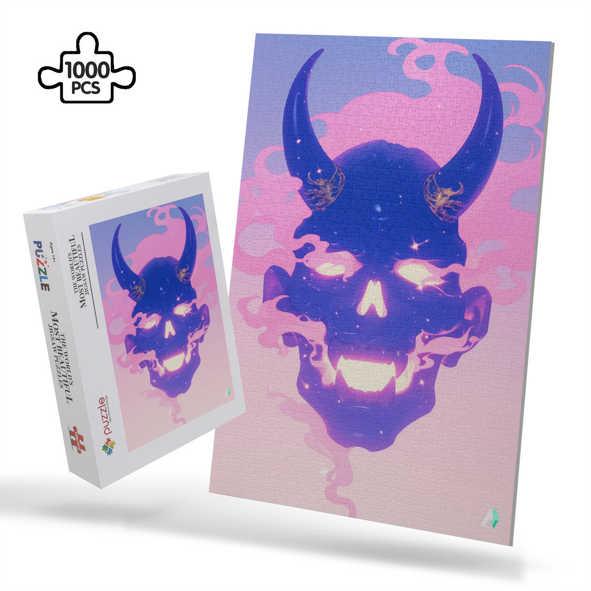 Oni Spirit Mask IV Puzzle featuring a skull with horns, available in 500 and 1000 pieces, crafted from premium ivory cardboard with a satin finish.