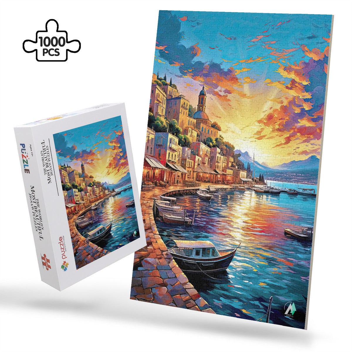 Capri Sunset Puzzle featuring Mediterranean cityscape and boats on water, available in 500 and 1000 pieces, crafted with premium ivory cardboard and satin finish.