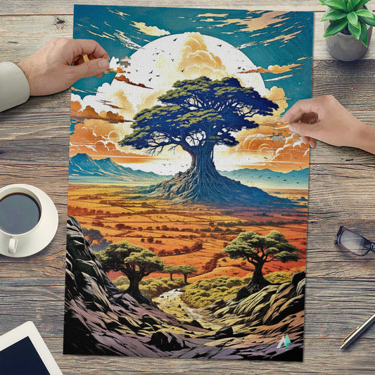 Ancient Sentinel Puzzle featuring a tree landscape, available in 500 and 1000 pieces, crafted from premium ivory cardboard with satin finish.