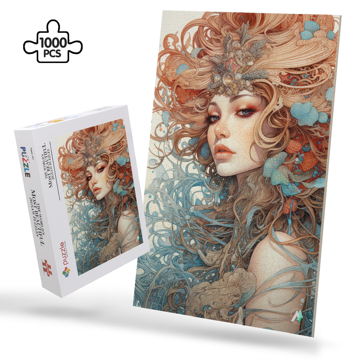 Beauty in Bloom III Puzzle featuring intricate artwork of a woman with long hair, available in 500 or 1000 pieces, crafted on premium satin-finished cardboard.