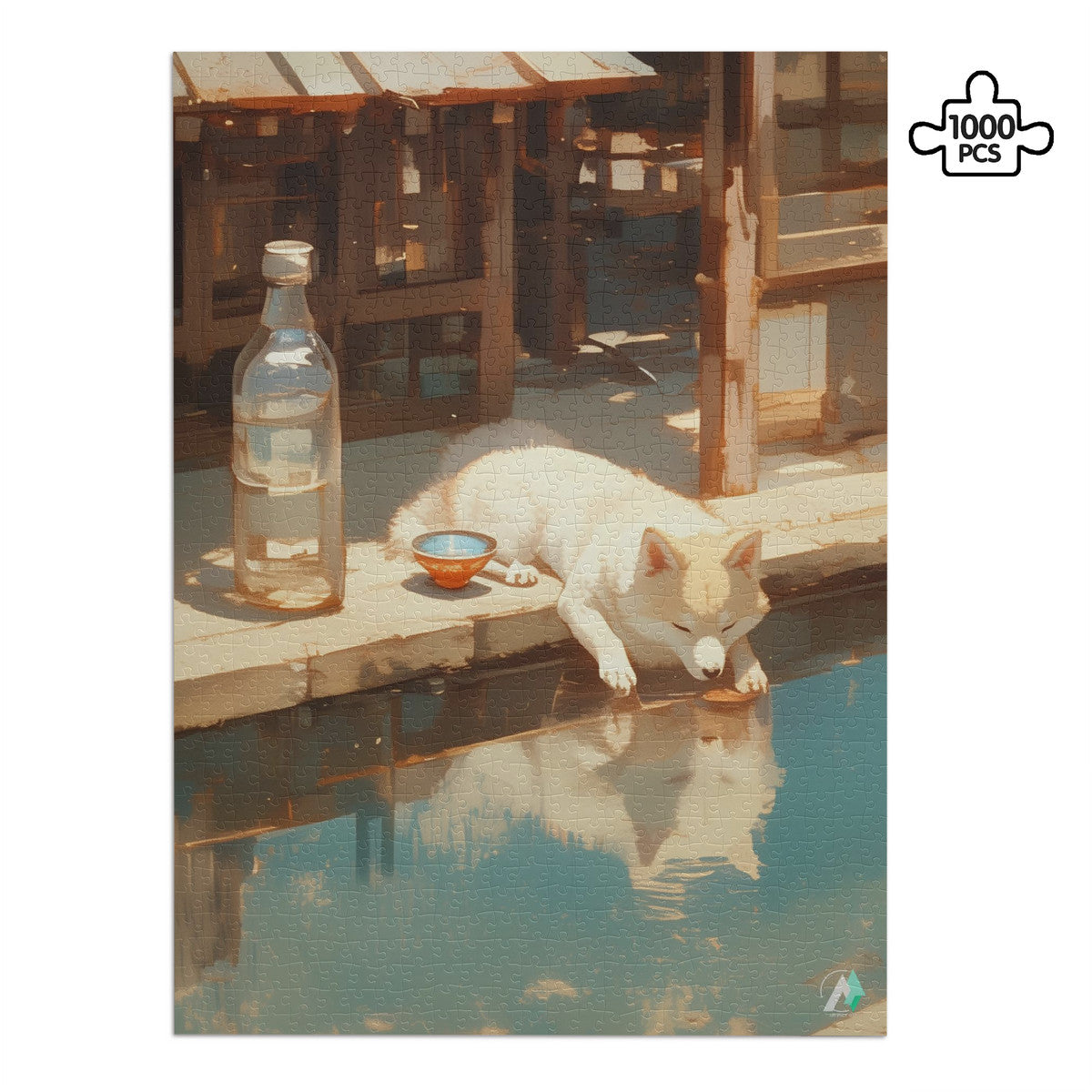 Dozy Dog I Puzzle features a dog drinking water, showcasing intricate artwork by @shinjoku13 on premium satin-finished cardboard. Available in 500 and 1000 pieces.
