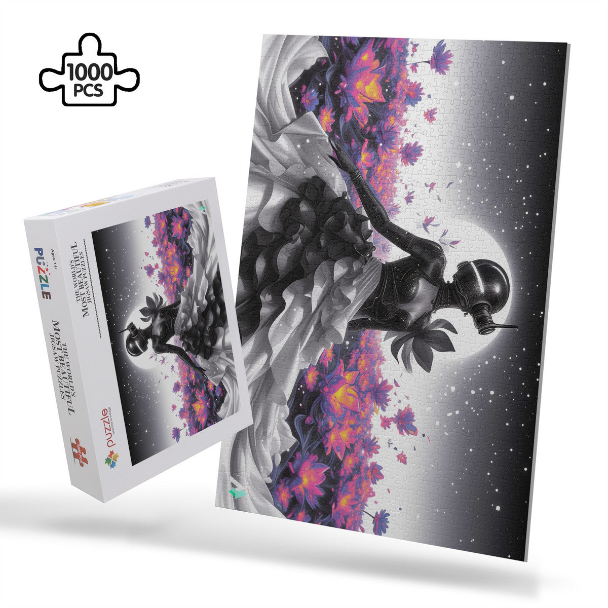 Amara-X IV Puzzle featuring an android fashion model in a dress, crafted from premium ivory cardboard with a satin finish.