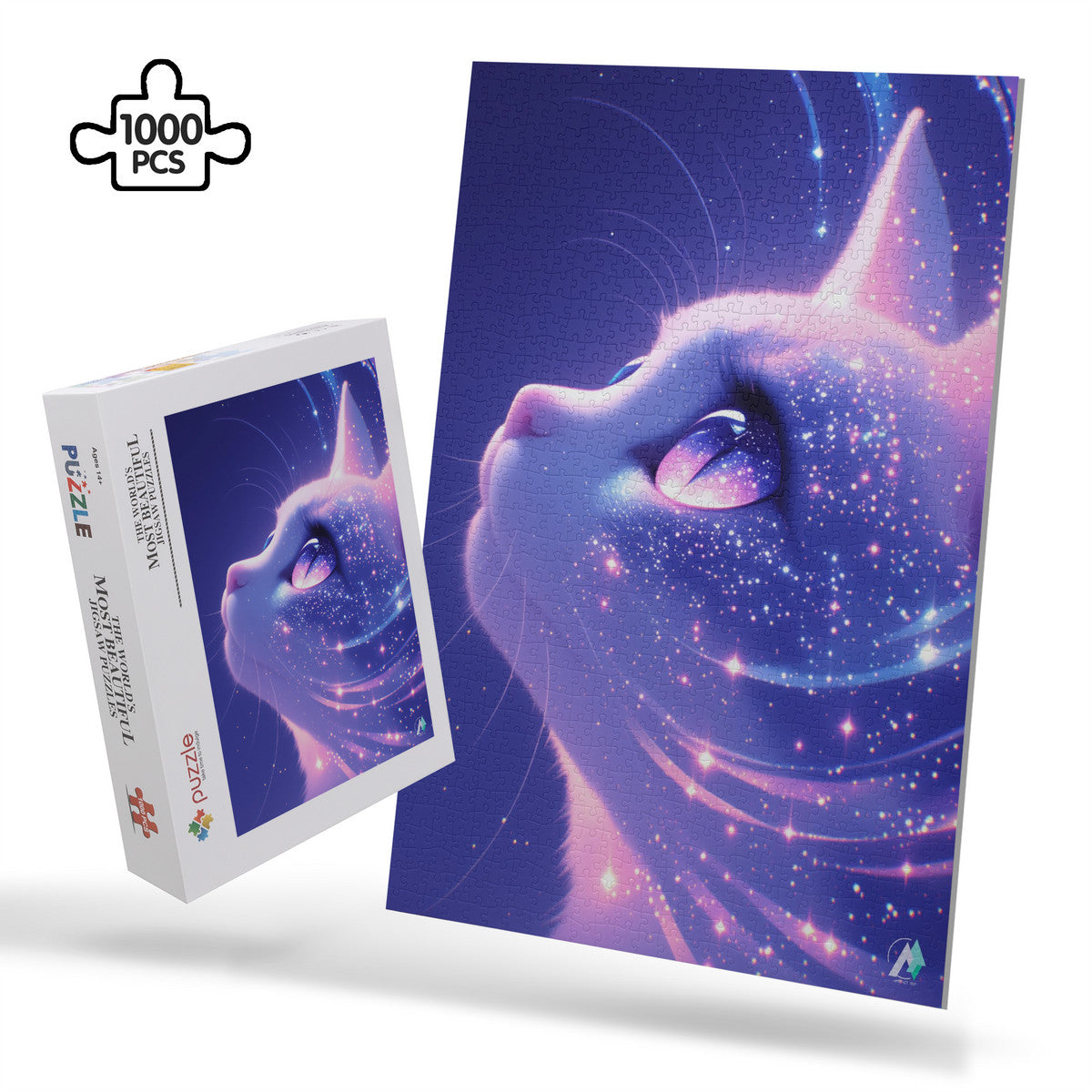 Milky Way Meow II Puzzle showcases a cat-themed jigsaw puzzle, available in 500 and 1000 pieces, crafted from premium ivory cardboard.