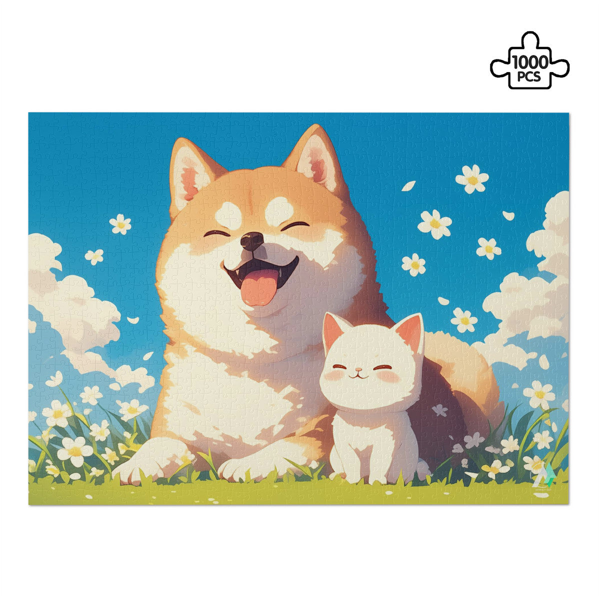 Chibi Shiba I Puzzle featuring a whimsical dog and cat design by artist @shinjoku13, available in 500 and 1000 pieces, crafted from premium ivory cardboard.