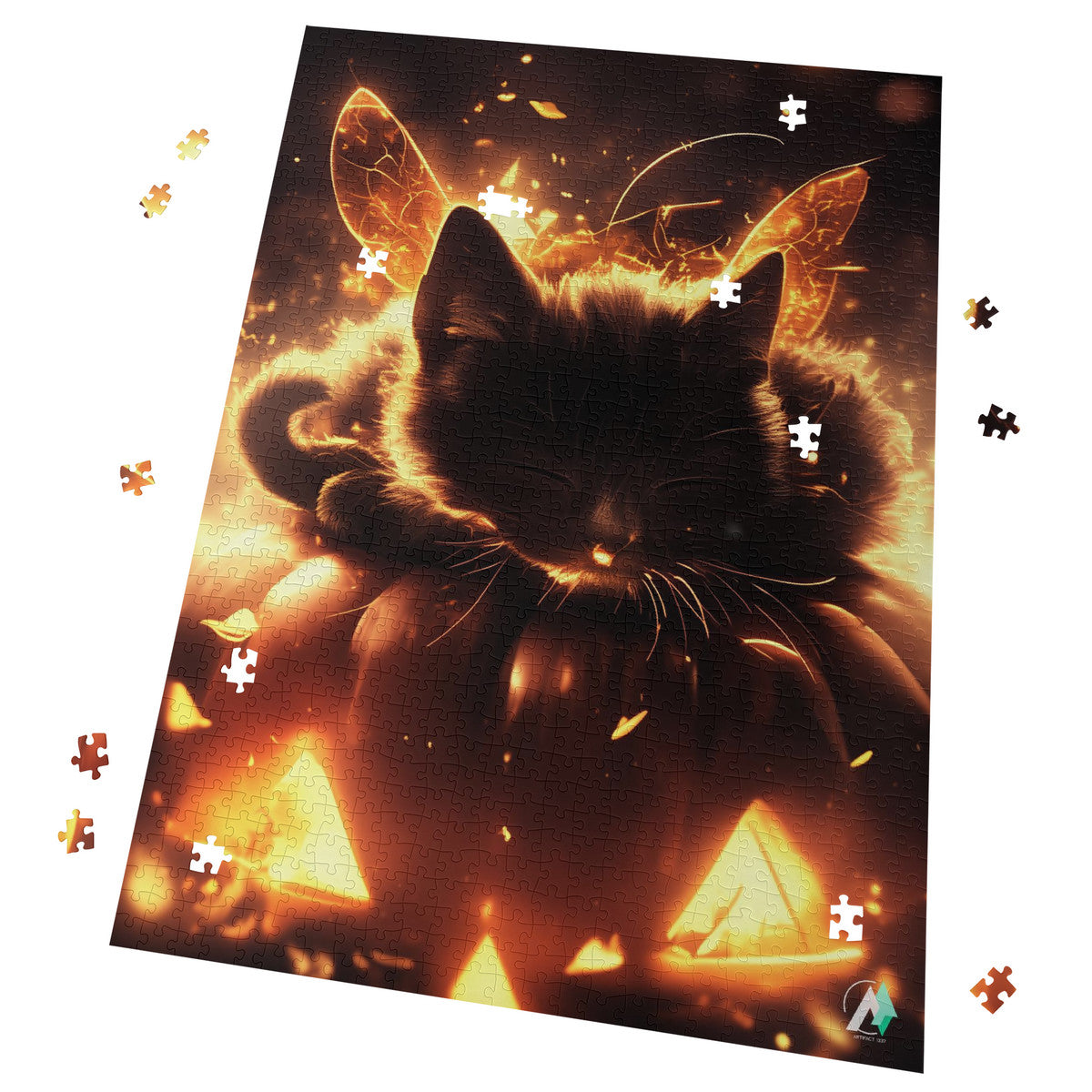 Faerie Feline II Puzzle features a cat fairy lounging on a pumpkin, available in 500 and 1000 pieces, crafted from premium ivory cardboard.