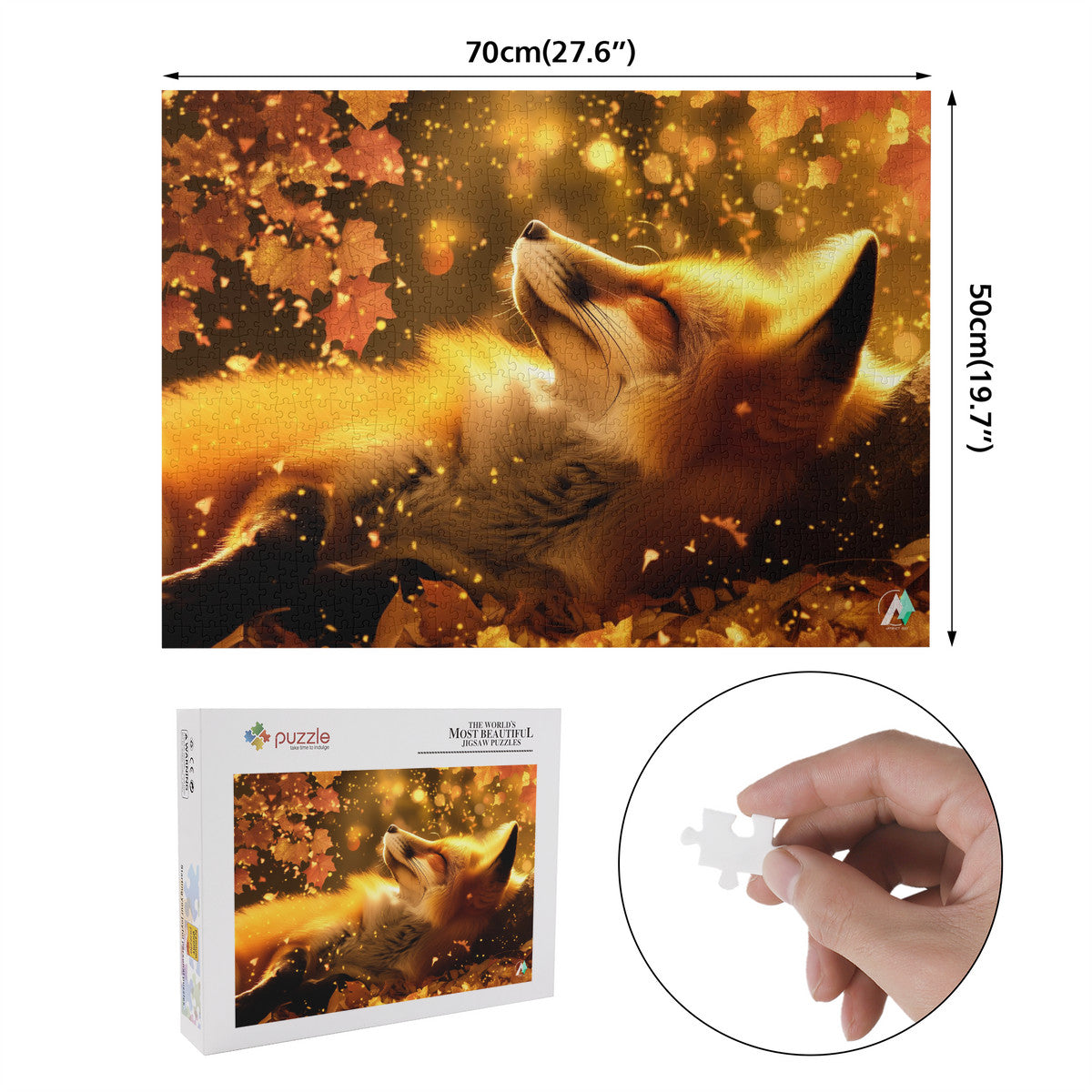 Puzzle titled Fall'n for Foxes VII featuring a serene fox lying on leaves, available in 500 or 1000 pieces, crafted from premium ivory cardboard.