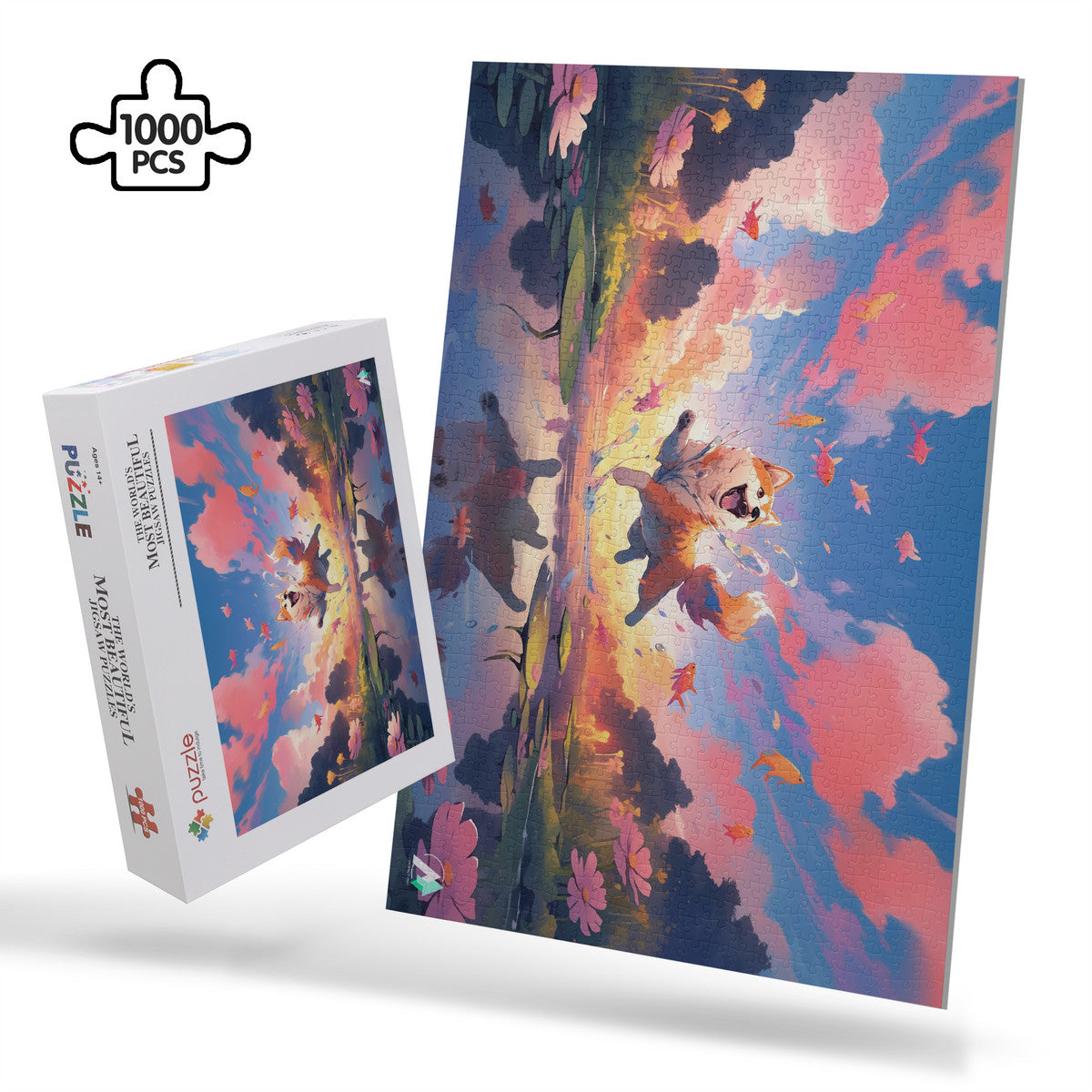 Chibi Shiba VI Puzzle featuring a dog jumping with goldfish in a fantastical scene, available in 500 or 1000 pieces.