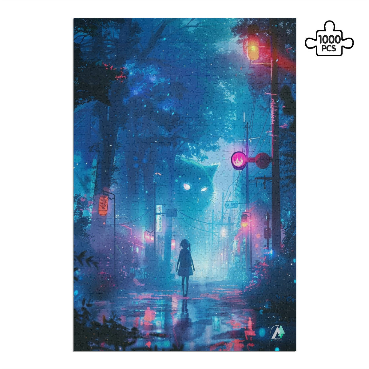 The Yokai Mystiques III Puzzle features a girl with a giant cat spirit walking on a street, available in 500 and 1000 pieces.