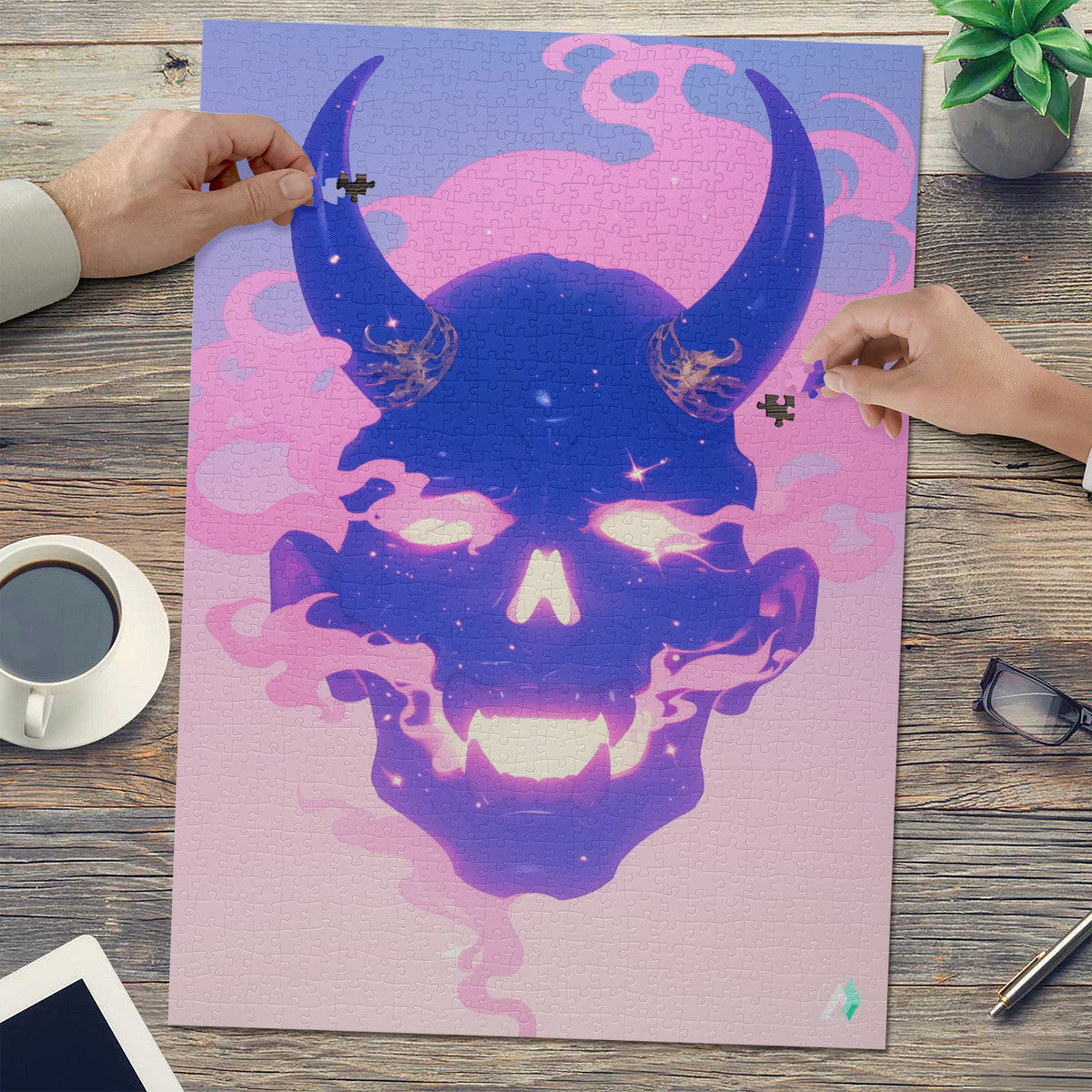 Oni Spirit Mask IV Puzzle featuring a skull with horns, available in 500 and 1000 pieces, crafted from premium ivory cardboard with a satin finish.