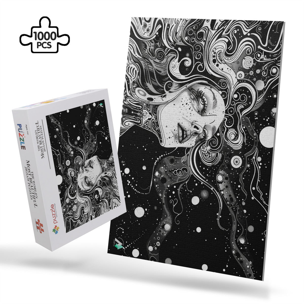 Discernment III Puzzle features a black-and-white illustration of a woman's face, available in 500 or 1000 pieces, crafted on premium ivory cardboard.