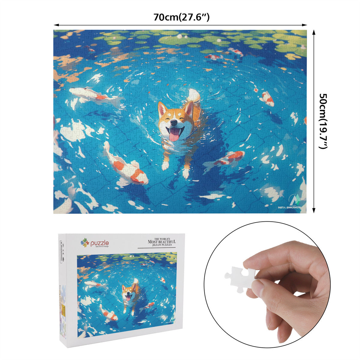 Chibi Shiba V Puzzle featuring a dog swimming with fish, available in 500 or 1000 pieces, crafted from premium ivory cardboard.
