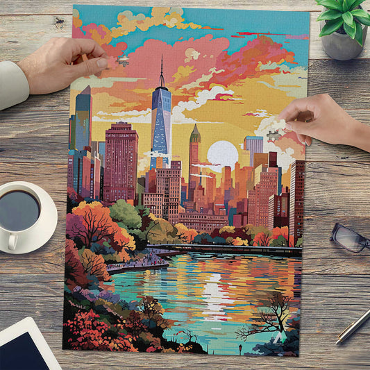 New York in Pastels I Puzzle features a cityscape design, showcasing skyscrapers and buildings in vibrant colors, available in 500 or 1000 pieces, made from premium ivory cardboard.