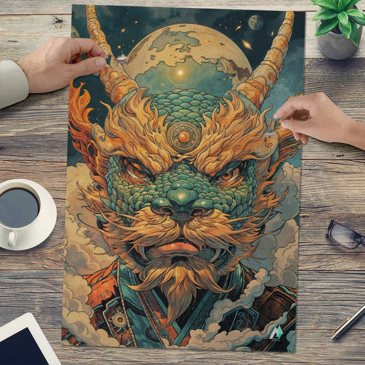 Eternal Guardian Puzzle: A jigsaw puzzle featuring a detailed dragon illustration by @ainfusionart, available in 500 or 1000 pieces, made from premium ivory cardboard.