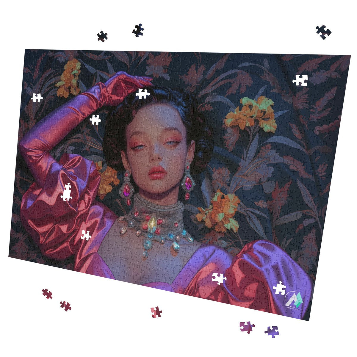 Let Them Eat Cake II Puzzle: A woman's face in pink dress, detailed jewelry, 500 or 1000 pieces, premium cardboard, inspired by artist @shinjoku13.