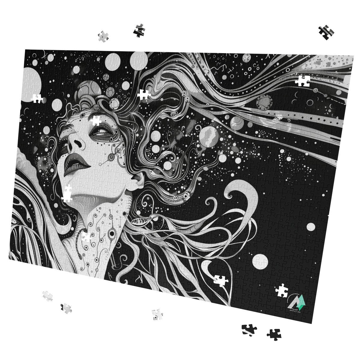 Discernment I Puzzle featuring a black and white illustration of a woman's face, available in 500 or 1000 pieces, by artist @shinjoku13.