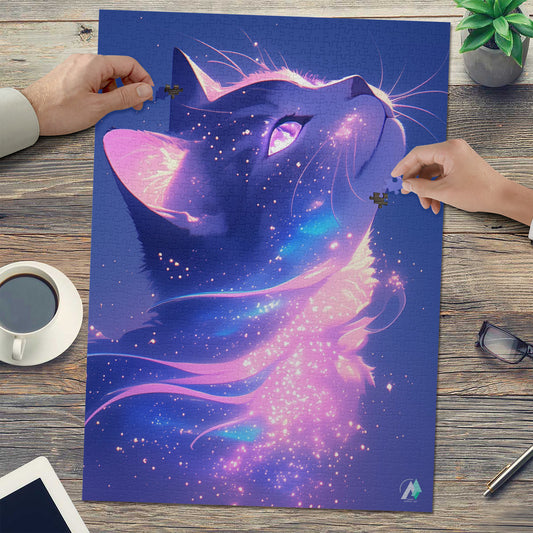 Milky Way Meow V Puzzle showcases a cat-themed jigsaw puzzle, available in 500 and 1000 pieces, crafted from premium ivory cardboard.