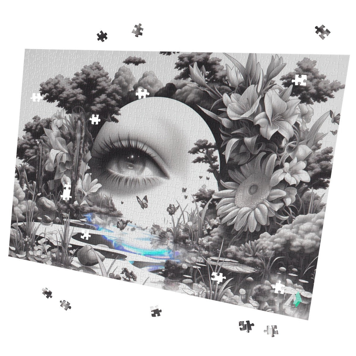 Peering Into I Puzzle: A visually intricate jigsaw featuring surreal art of eyes and butterflies, available in 500 or 1000 pieces, crafted from premium ivory cardboard.