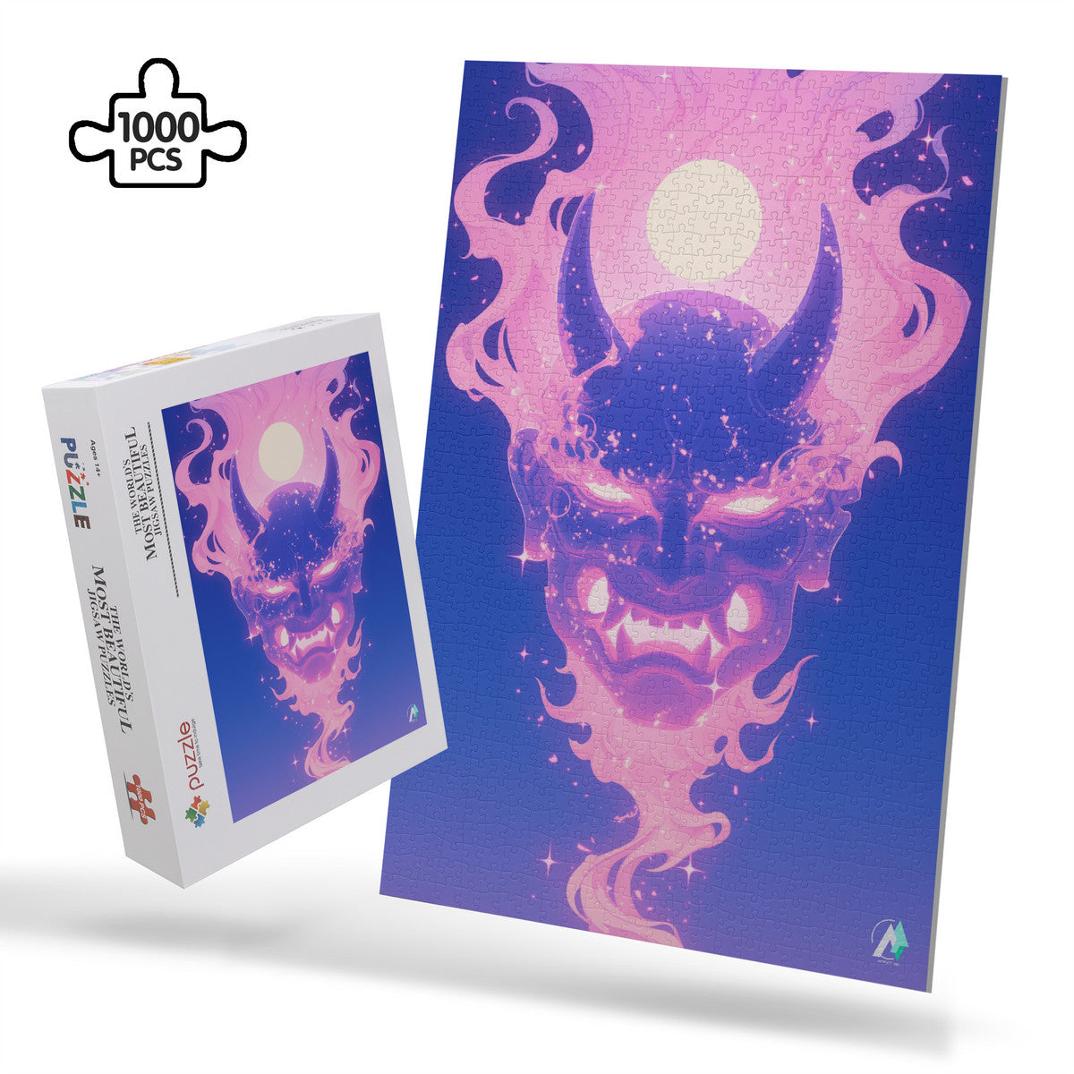 Oni Spirit Mask VIII Puzzle featuring a demon face, available in 500 and 1000 pieces, crafted from premium ivory cardboard with a satin finish.