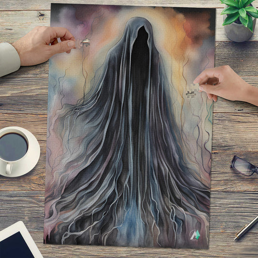 Silhouetted Soul II Puzzle depicting a ghost and long-haired figure, featuring intricate artwork by @crazydancingguy, available in 500 and 1000 pieces.