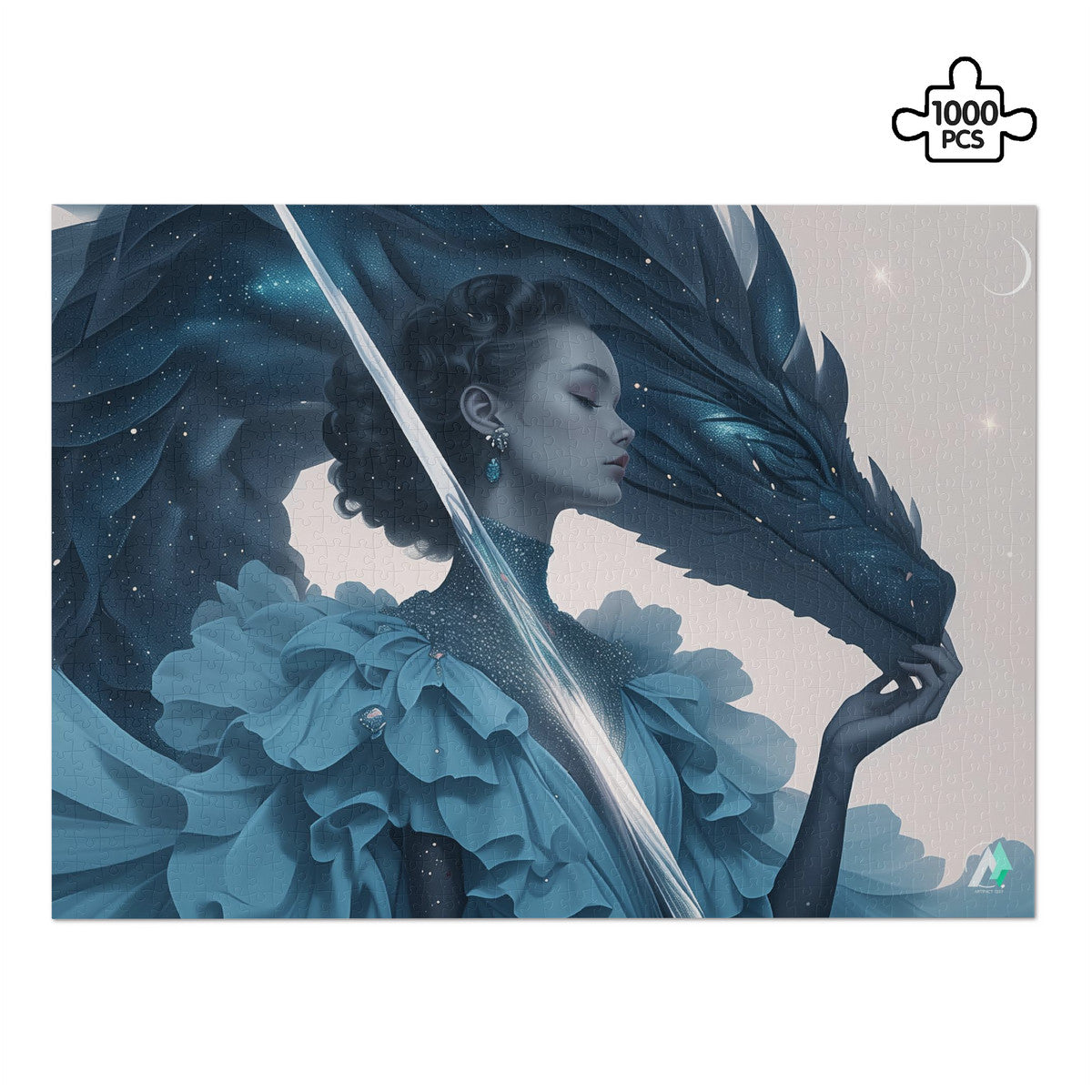 Wyvern Wyre I Puzzle: A jigsaw depicting a woman with a sword and dragon, available in 500 and 1000 pieces, featuring art by @shinjoku13.