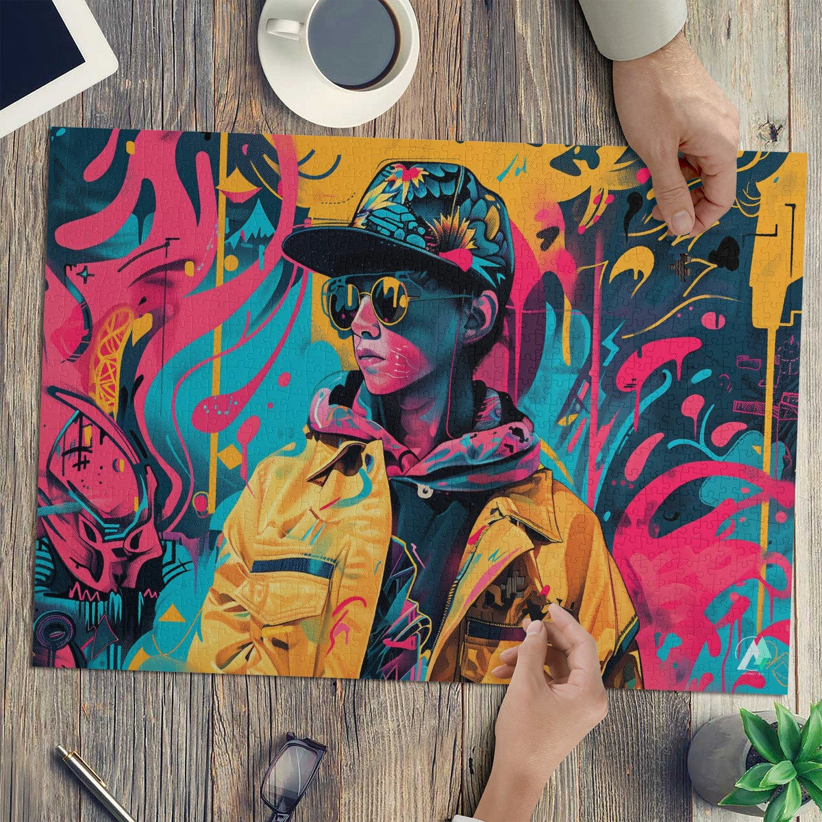 Streetwear Abstraction II Puzzle, depicting a boy in a hat and sunglasses, crafted from premium ivory cardboard. Available in 500 and 1000 pieces.