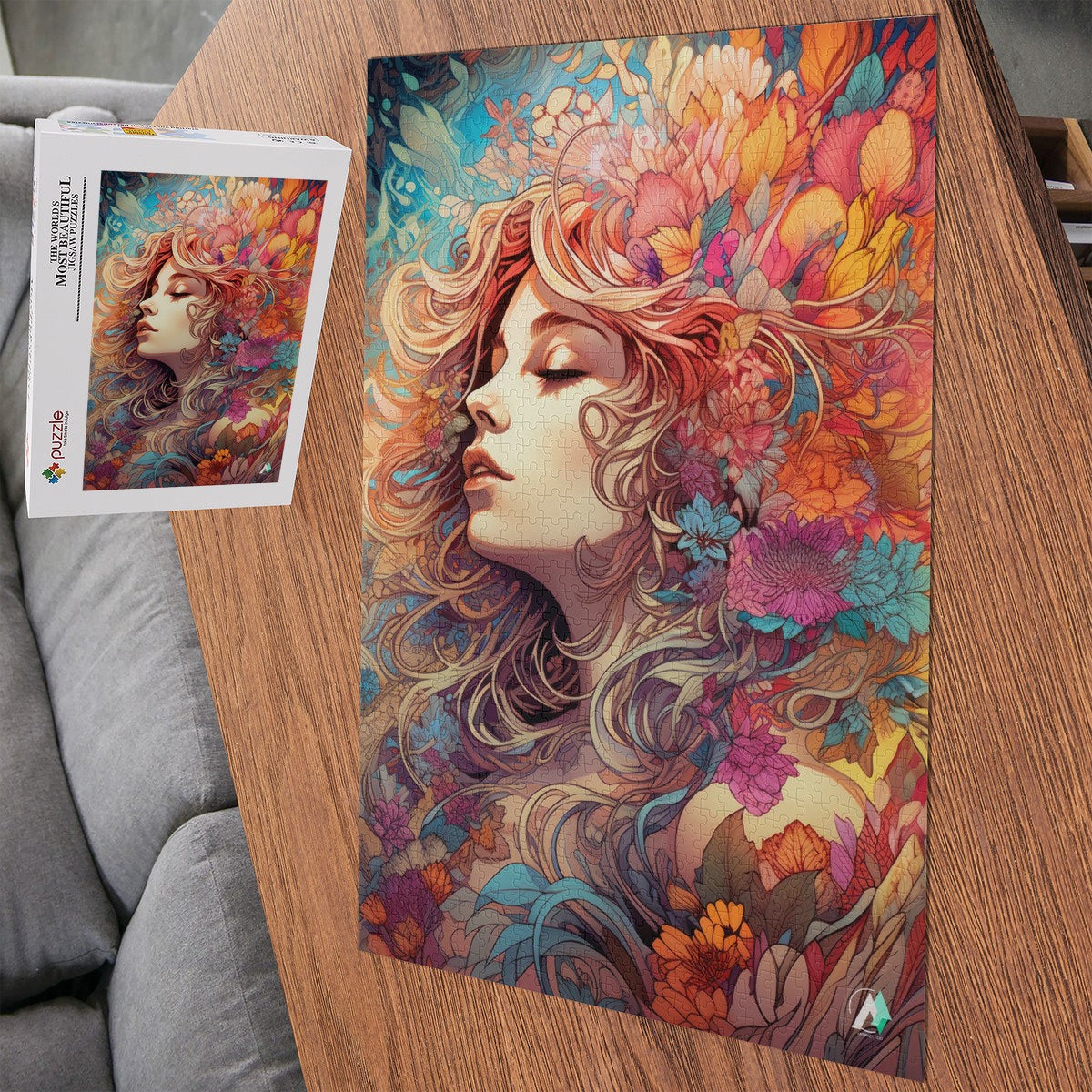 Beauty in Bloom I Puzzle features a woman's portrait with flowers in her hair, available in 500 and 1000 pieces, crafted from premium ivory cardboard.